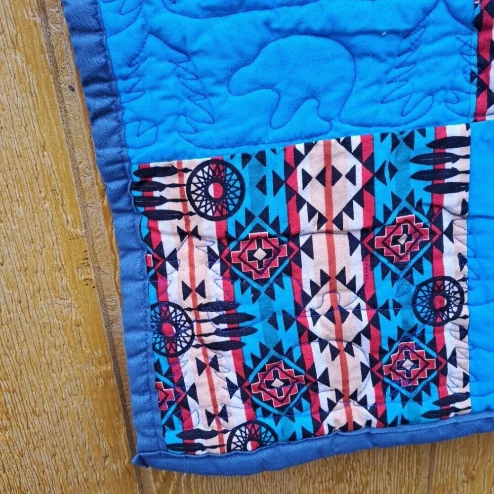 Blue Aztec Western Bear Crib Doll Baby Quilt‎ Patchwork 35